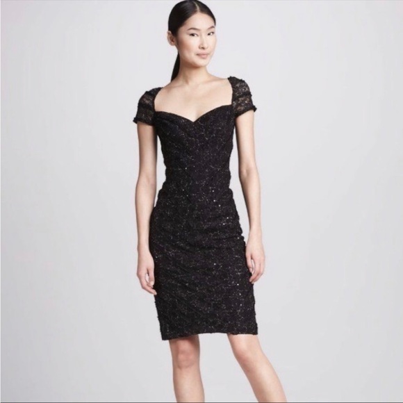 David Meister Black Lace Ruffle Sequin Cap Sleeve Cocktail Dress Size 6